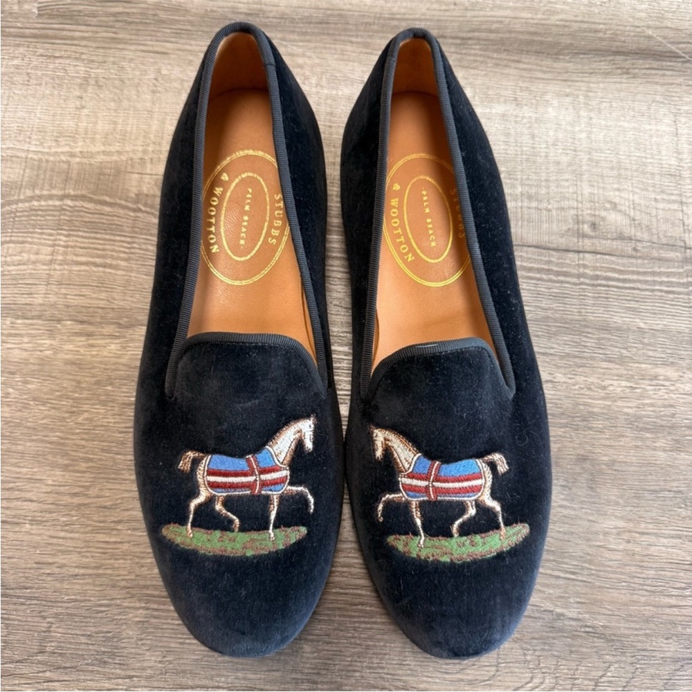 Stubbs & Wootton black velvet loafers horse design